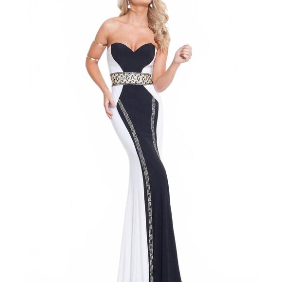 NEW RACHEL ALLAN beaded jersey strapless prom gown in white/black